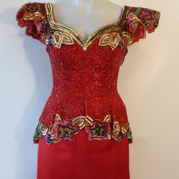 Womens Fabrice Silhouette Red Gold Beads Sequin Silk Satin Formal Gown Dress 10* - Picture 8 of 16